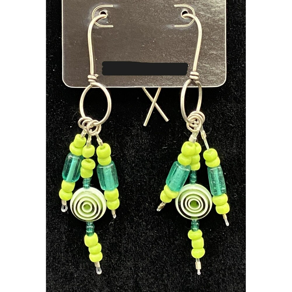 Handmade Concentric Circle Green & Aqua Glass Bead Earrings by Neanie-Bot